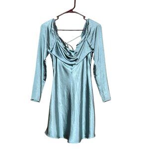 Selfie Leslie Cowl Neck Lt Blue-Green Long Sleeve Satin Mini Dress Women's Sz S